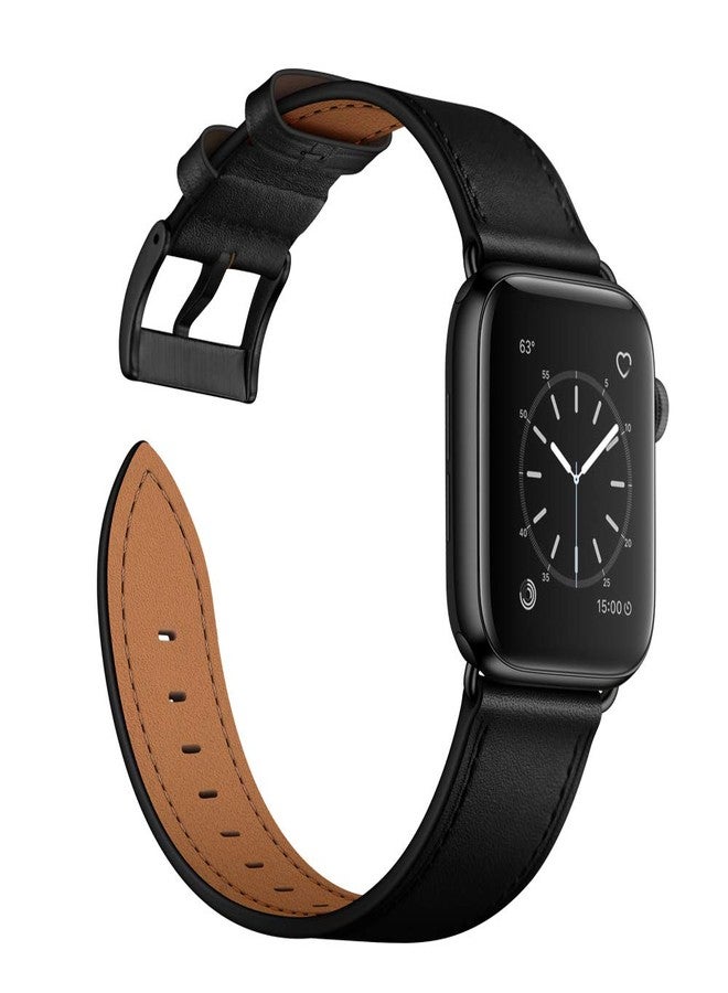 OUHENG Leather Bands Compatible with Apple Watch Band 42mm 41mm 40mm 38mm, Genuine Leather Strap Compatible with Apple Watch Series 11/10/9/8/7/6/5/4/3/2/1 & SE3 SE2 SE, Black/Black - Image 3